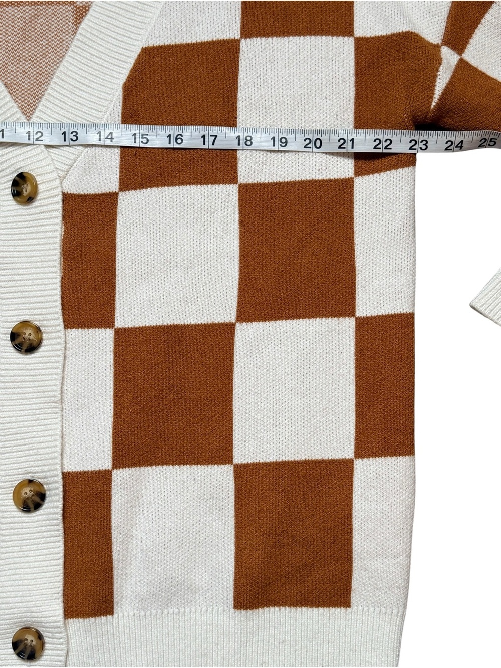 Oversized Medium Brown Cream Buffalo Plaid Knit Cardigan Sweater - Picture 9 of 11